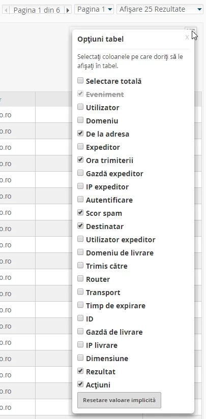 Optiuni tabel e-mail