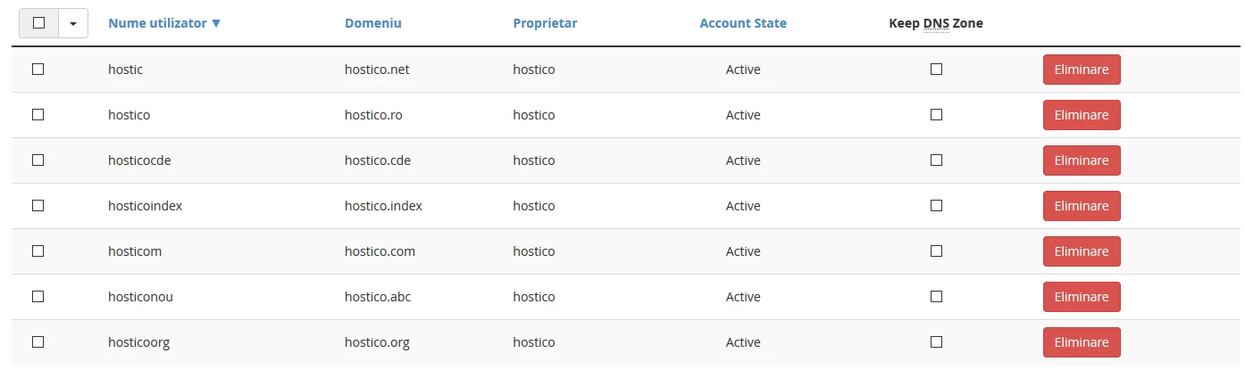 Lista conturilor WHM din Reseller
