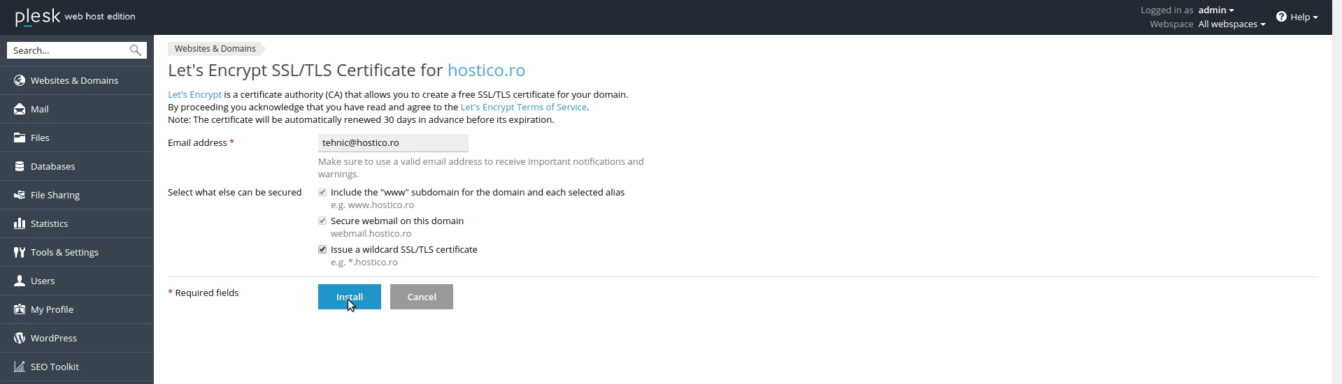 Selectare wildcard SSL/TLS  in panou Plesk