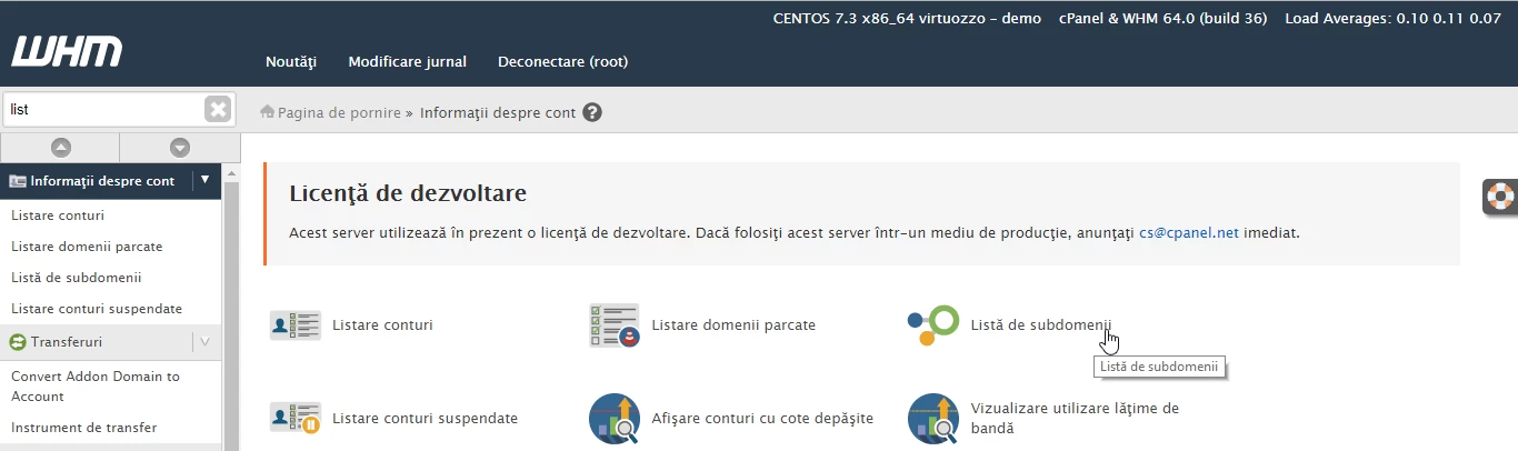 Lista de subdomenii WHM