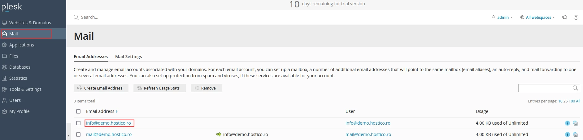 mail plesk 